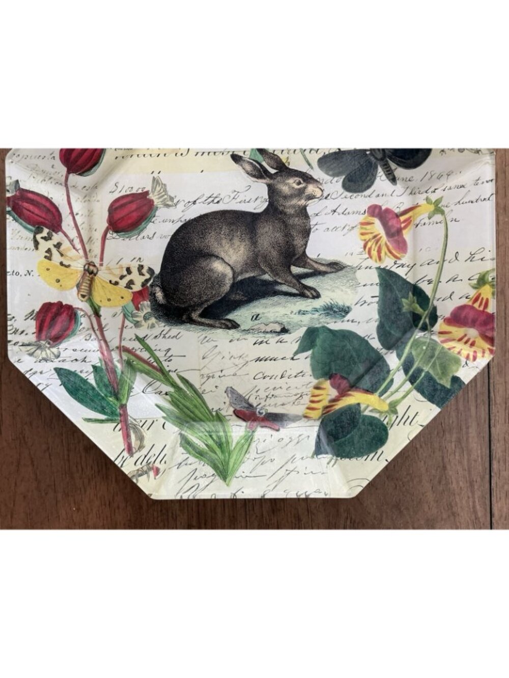 John Derian Rabbit Botanical Octagon Plates Pair Easter Decoupage Glass 10" - Picture 9 of 12